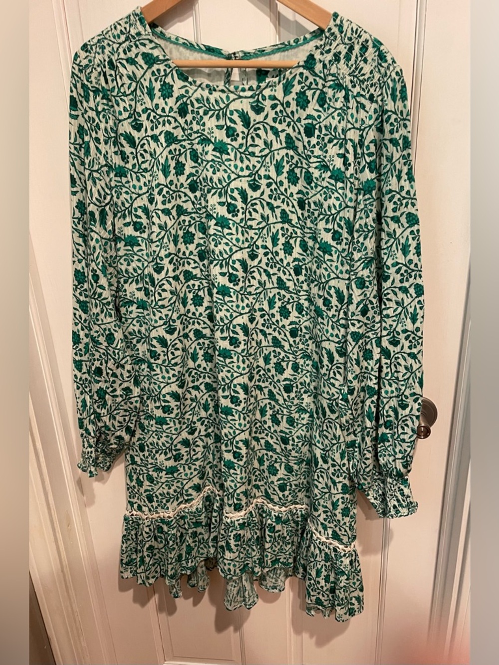 Anthropologie Beau Mini Green and White Floral Ruffle-Hem Dress XL - Picture 2 of 6